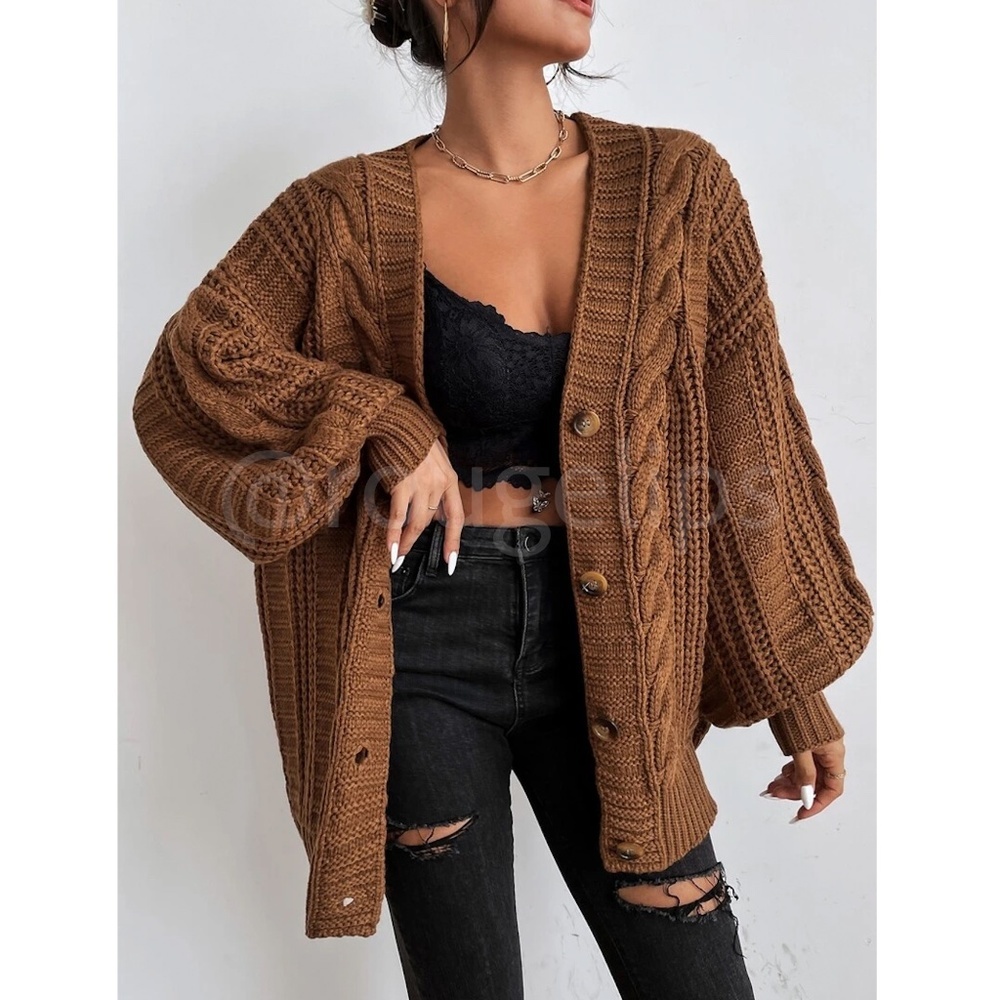 Oversized Brown Cable Knit Cardigan Long Sleeves Hip Length Buttoned